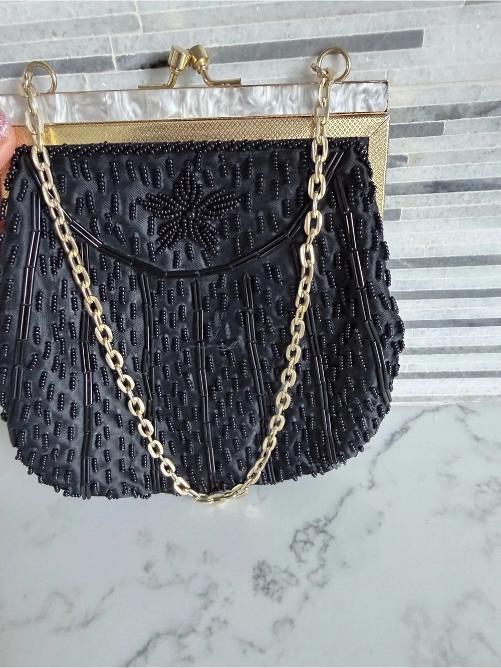 Vintage 1980’s Black Beaded Evening Shell Bag with Gold Chain and hinging clasp
